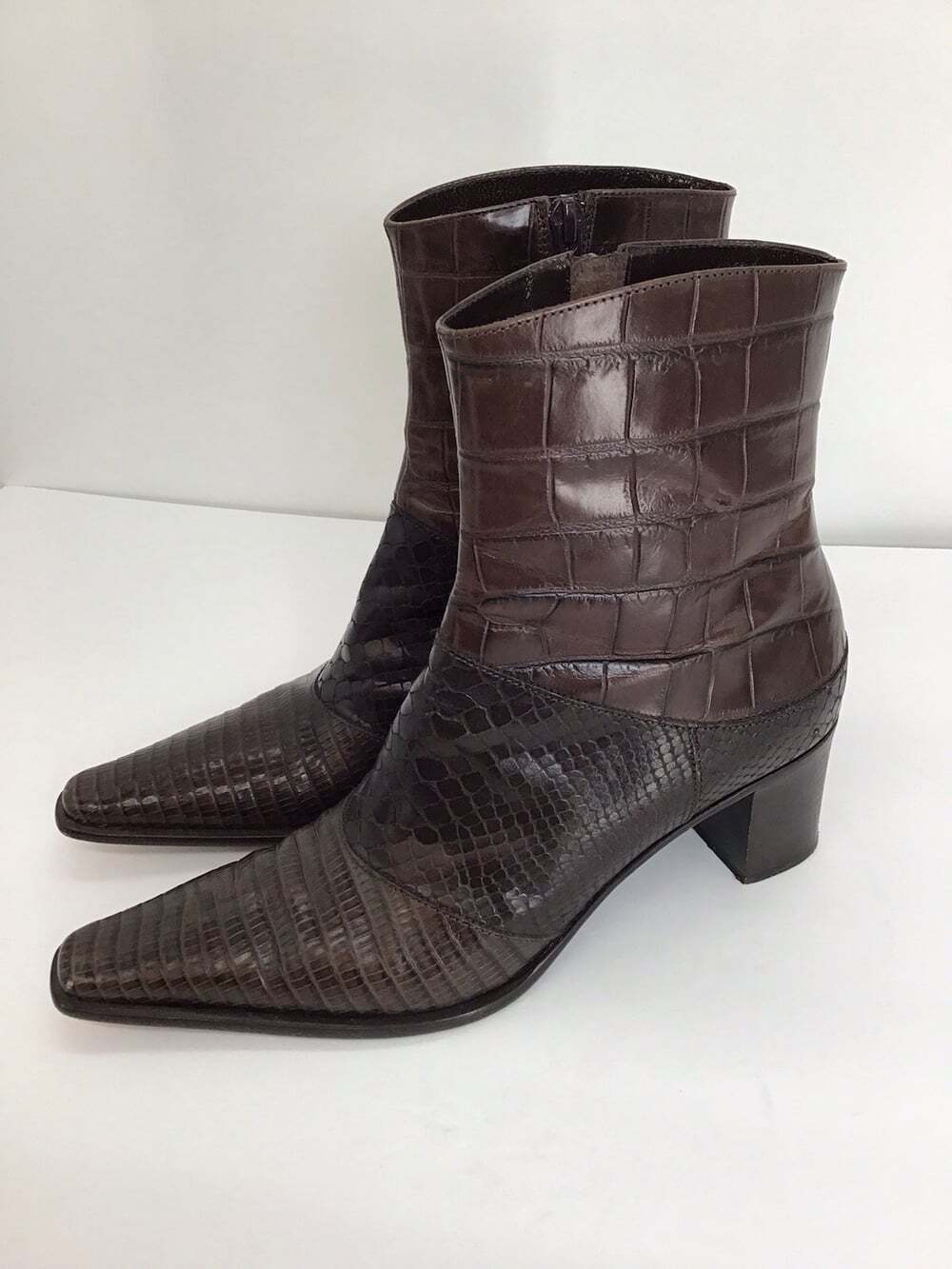 Via Spaga Womens Leather Reptile Embossed Ankle Boots Block Heel Brown Size 8.5M
